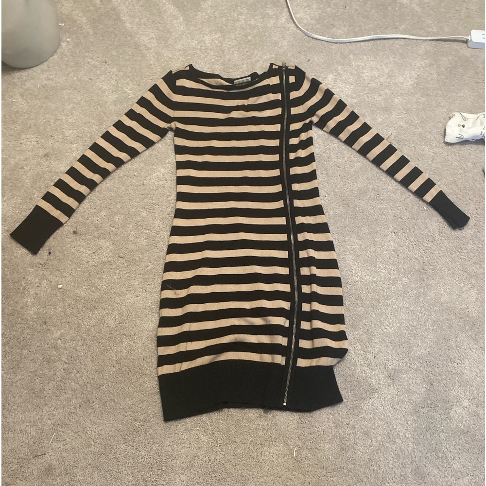 Allison Brittney zip up dress with black and beige stripes